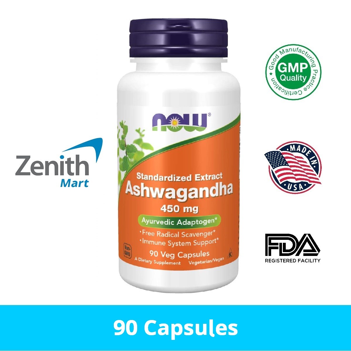 NOW Foods Ashwagandha 450 mg – 90 Capsules - Zenith Mart