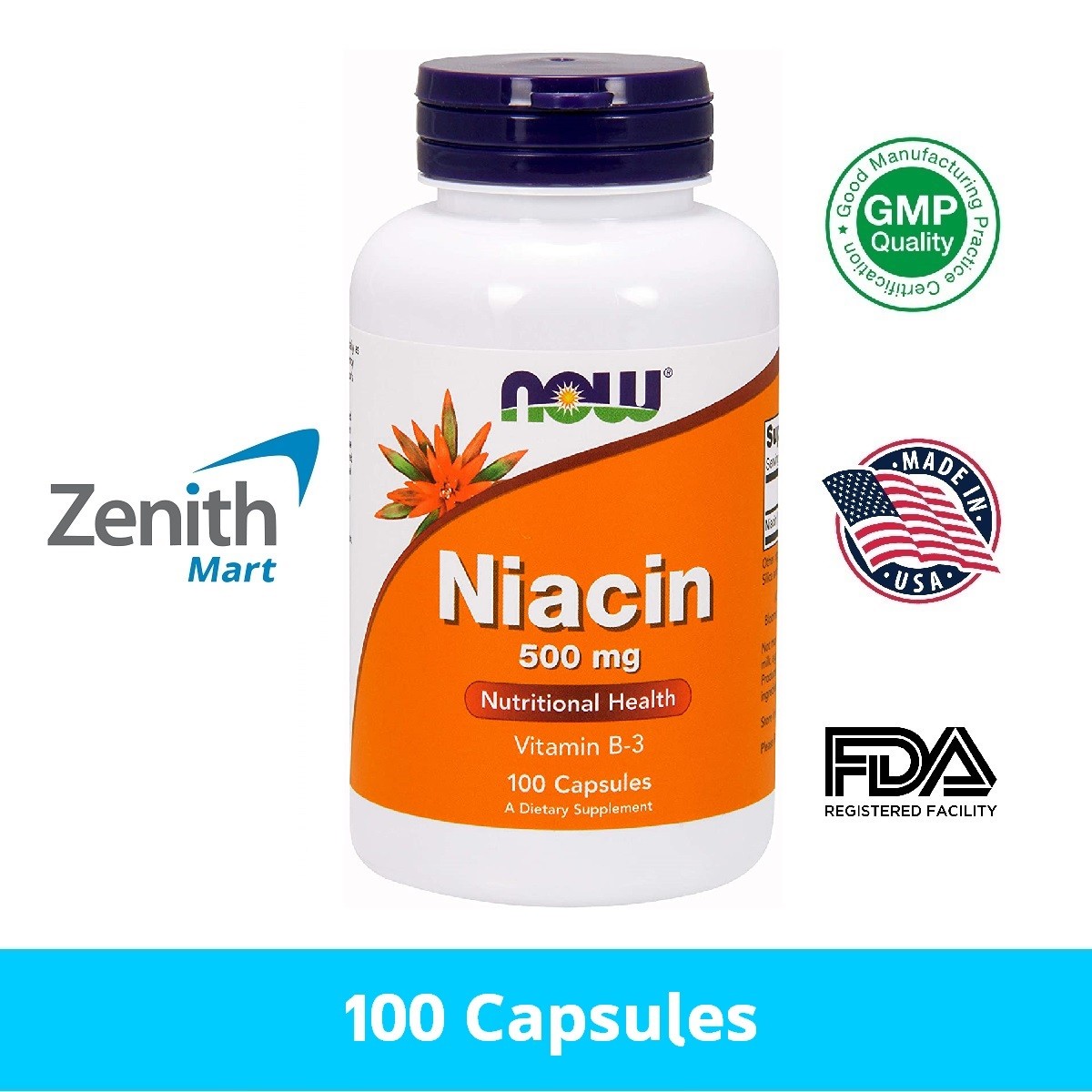 NOW Foods Niacin Vitamin B3 500 mg 100 Capsules Zenith Mart