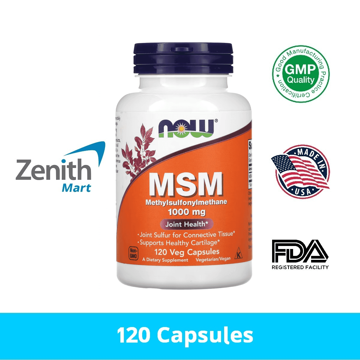 NOW Foods MSM 1000mg - 120 Veg Capsules, Sulfur Supplement For Joint & Hair Health 6 thumbnail image